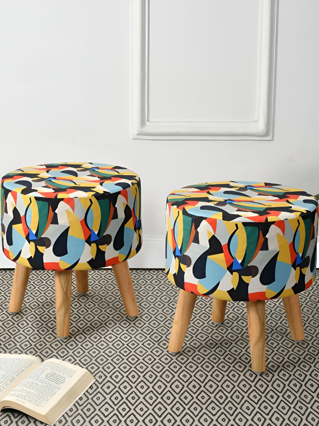 RIANCE CREATIONS Blue & Red 2 Pieces Printed Wooden & Velvet Round Ottoman-image-19