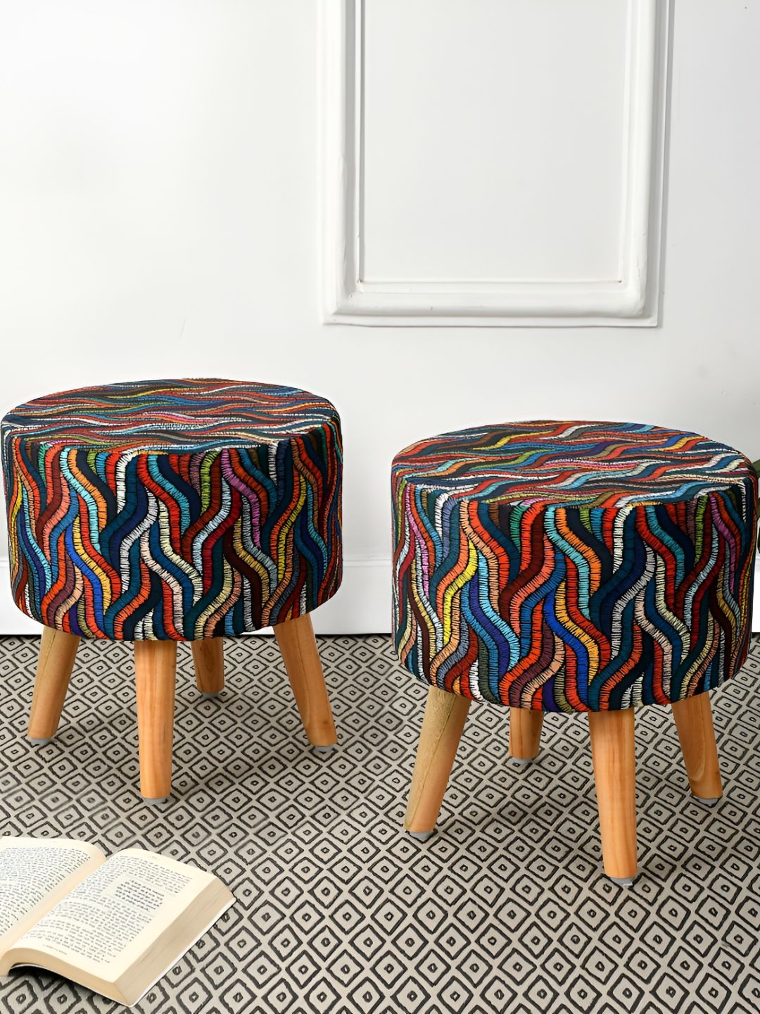 RIANCE CREATIONS 2 Pieces Black & Blue Round Shape With Hidden Storage Ottoman-picture-43