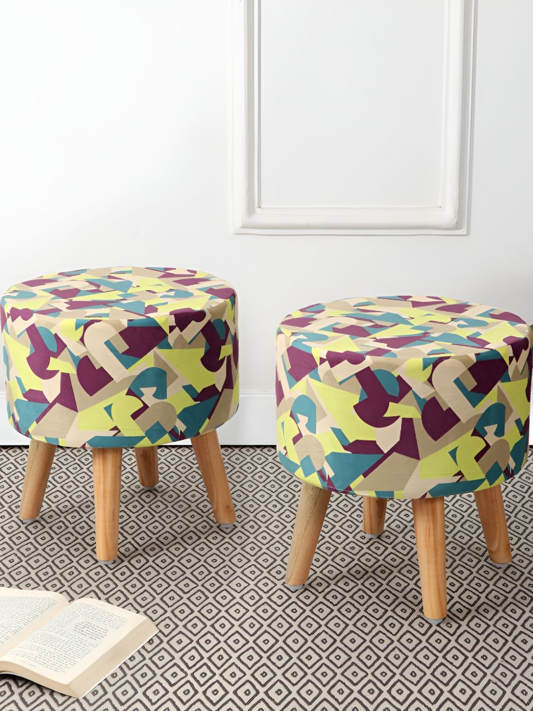 RIANCE Green & Grey 2 Pieces Abstract Printed Round Ottoman-image-49