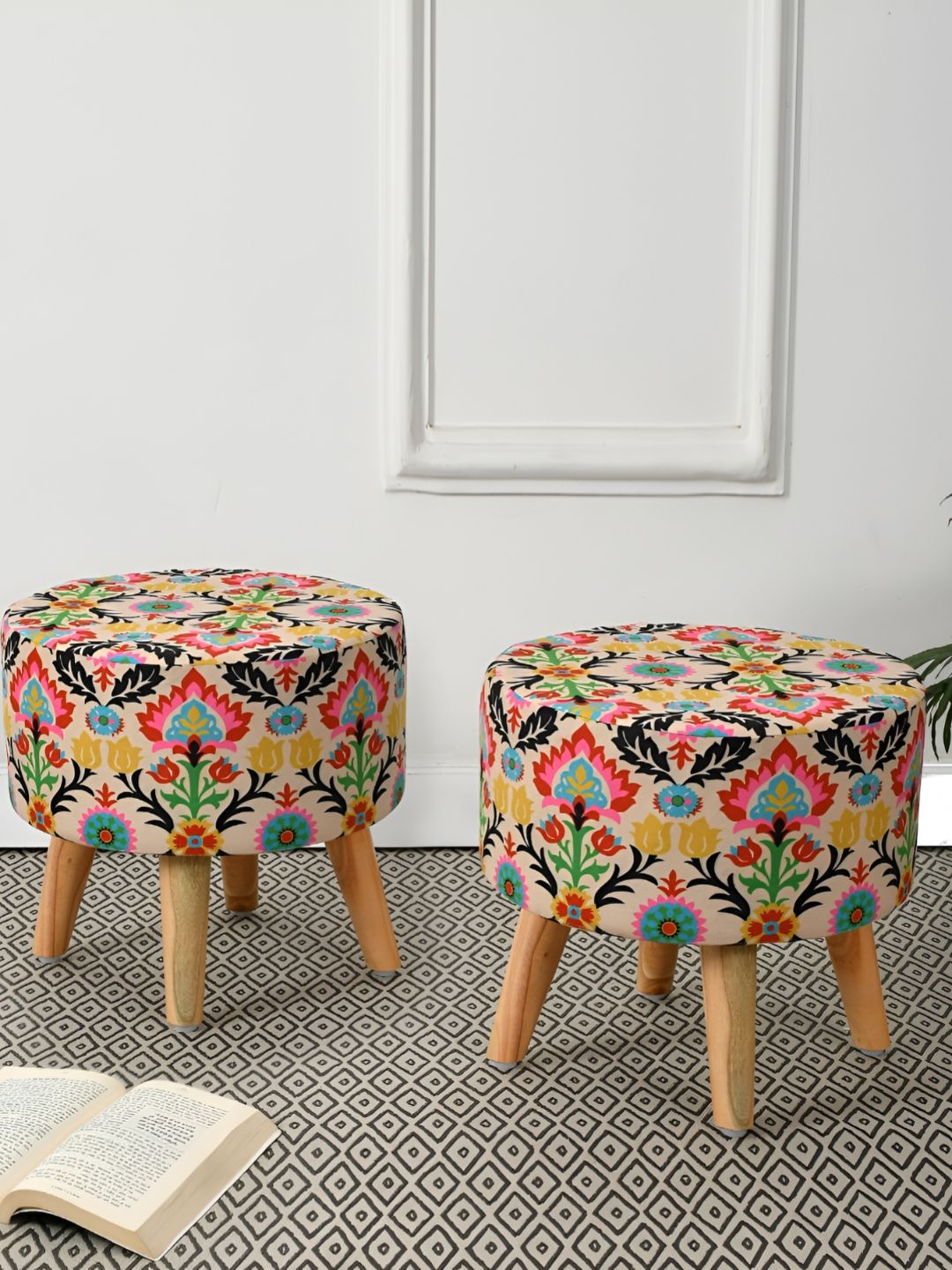 RIANCE CREATIONS 2 Pieces Black & Pink Printed Round Shape With Hidden Storage Ottomans-image-29