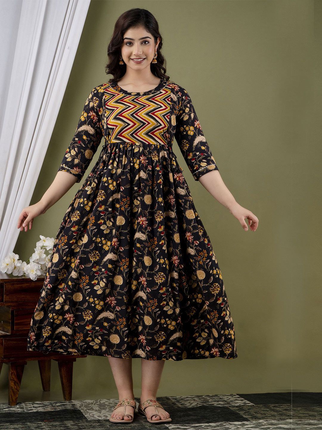 BAESD Women Floral Print Maternity Cotton Fit & Flare Midi Dress-picture-13