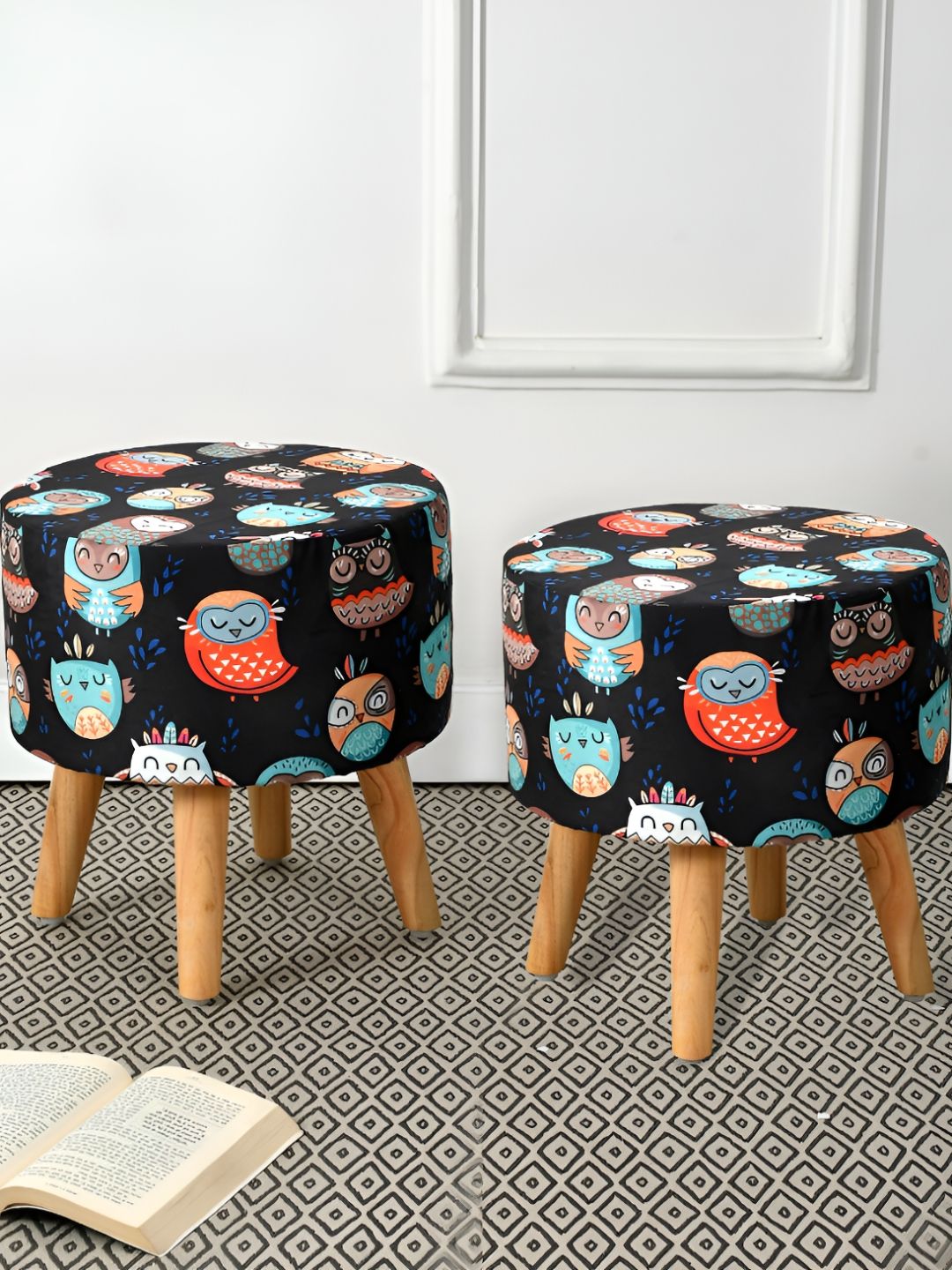 RIANCE CREATIONS 2 Pieces Black & Blue Printed Round Shape With Hidden Storage Ottomans-image-47