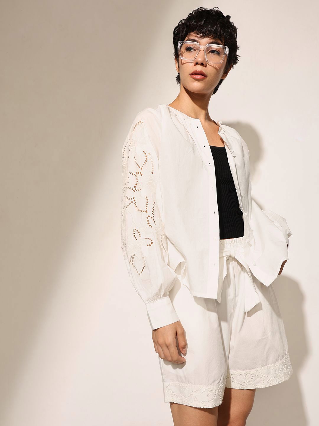 ONLY Women Self Design Mandarin Collar Cotton Shirt Style Top-image-17
