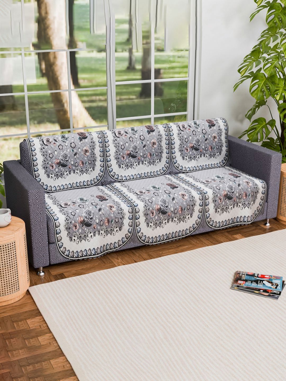 Myntra Elegant Homes White & Grey 6 Pieces Floral Printed 3 Seater Sofa Covers-picture-32