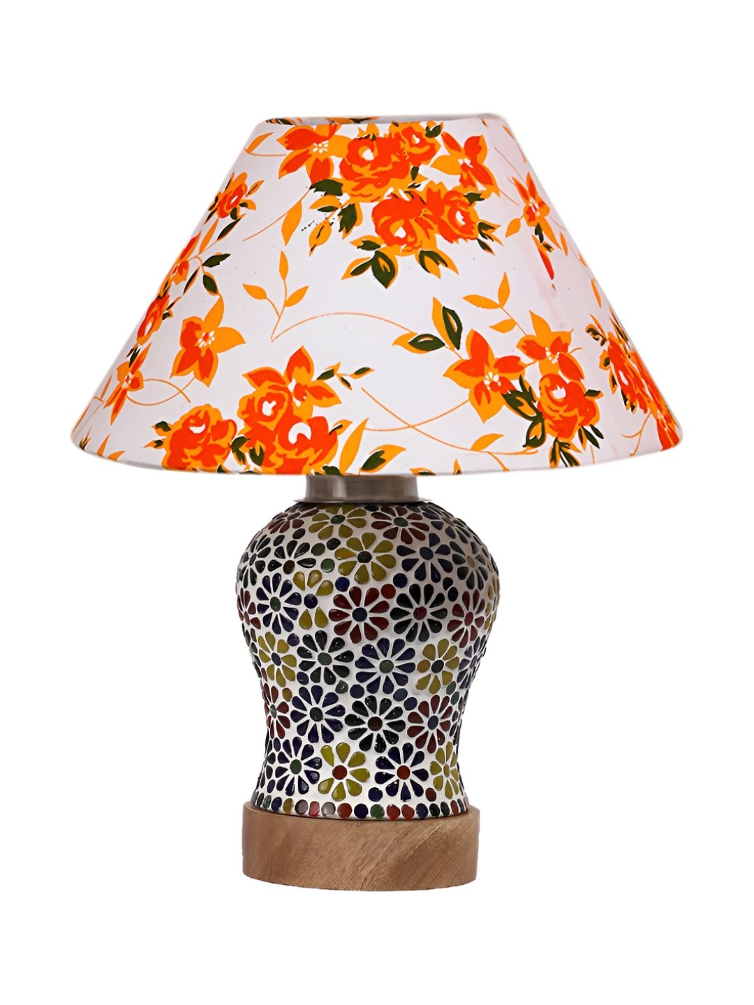 Aura White & Orange Floral Printed Frustum Shaped Wooden Table Lamp-picture-14