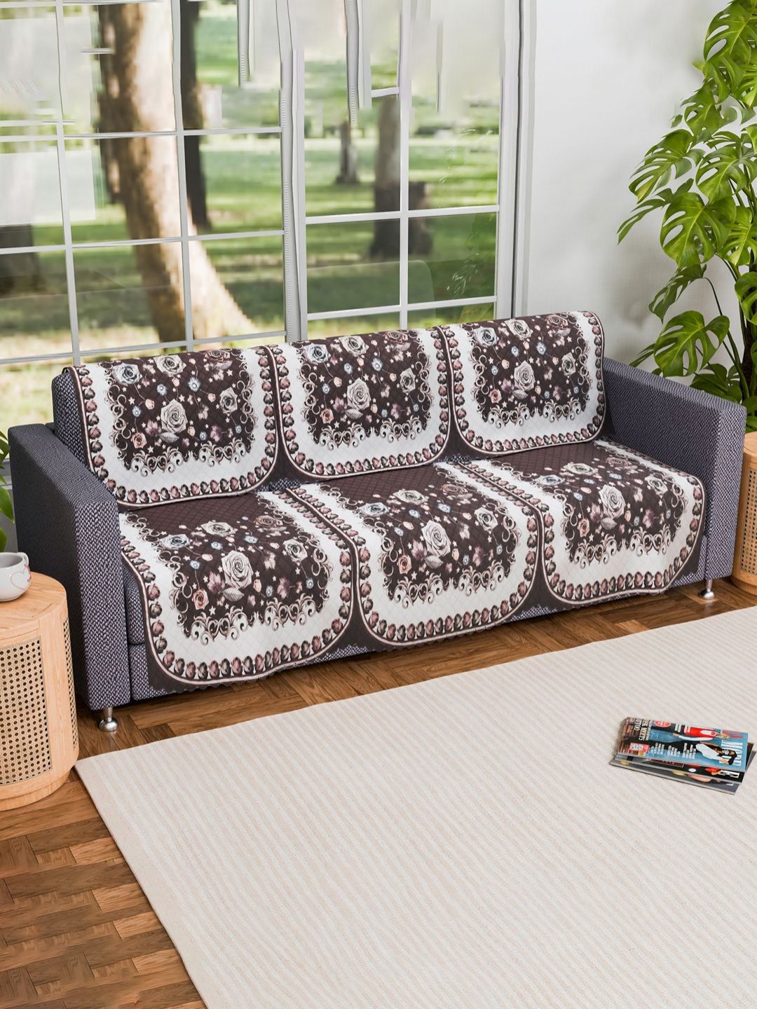 Myntra Elegant Homes Brown & White 6 Pieces Printed 3 Seater Sofa Cover
