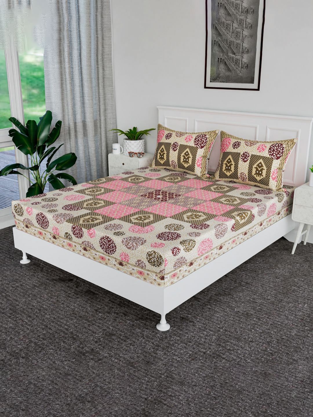 Myntra Elegant Homes Beige Floral Printed Cotton 144 TC King Bedsheet Sets 2.54 m x 2.70 m-picture-16