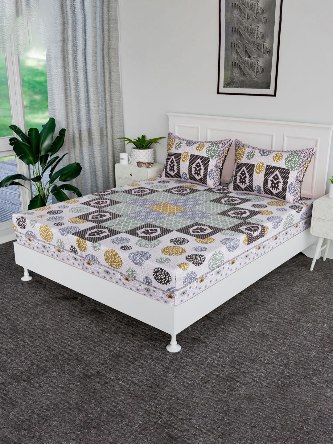 Myntra Elegant Homes Beige Floral Printed Cotton 144 TC King Bedsheet Sets 2.54 m x 2.70 m-picture-30