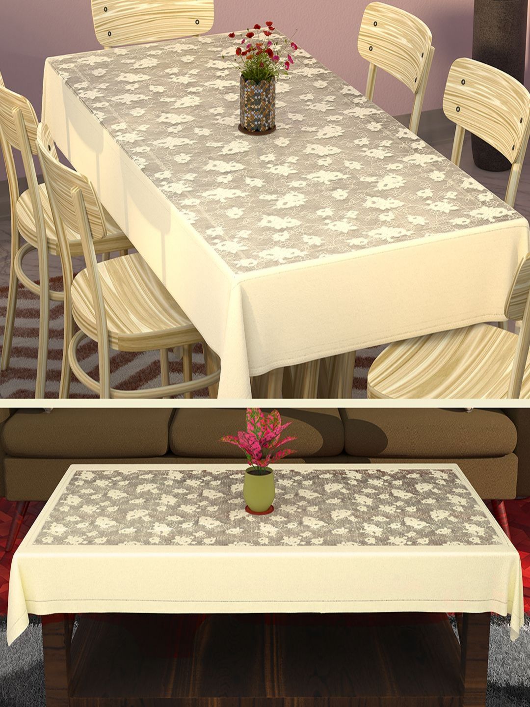 Myntra Elegant Homes Cream 2 Pieces Floral Cotton 6-Seater Table Covers-picture-28