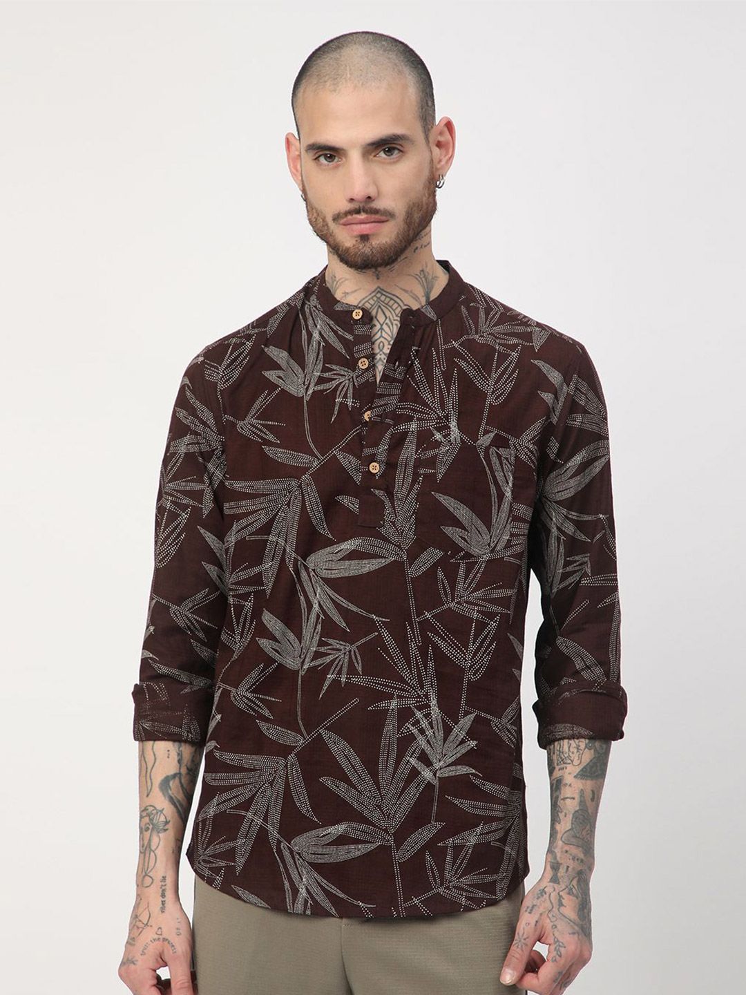 VASTRADO Dotted Leaf Printed Band Collar Cotton Straight Short Kurta-picture-33