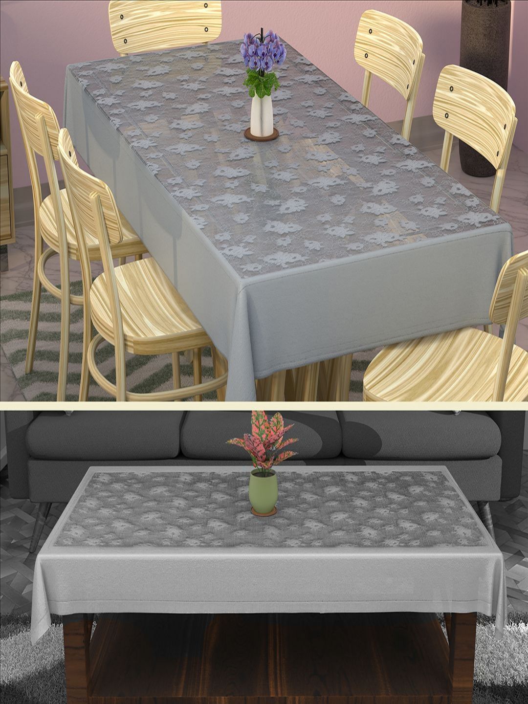Myntra Elegant Homes Grey 2 Pieces Floral Cotton 6-Seater Table Covers-picture-27
