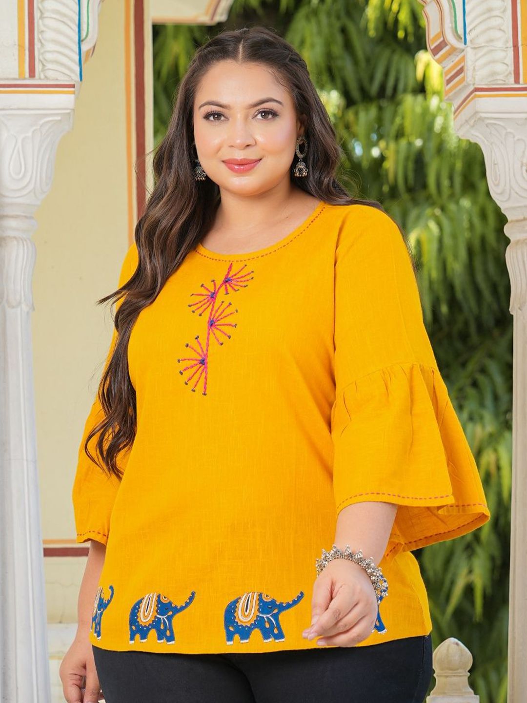 YASH GALLERY Women Conversational Embroidered Round Neck Cotton Top-picture-22