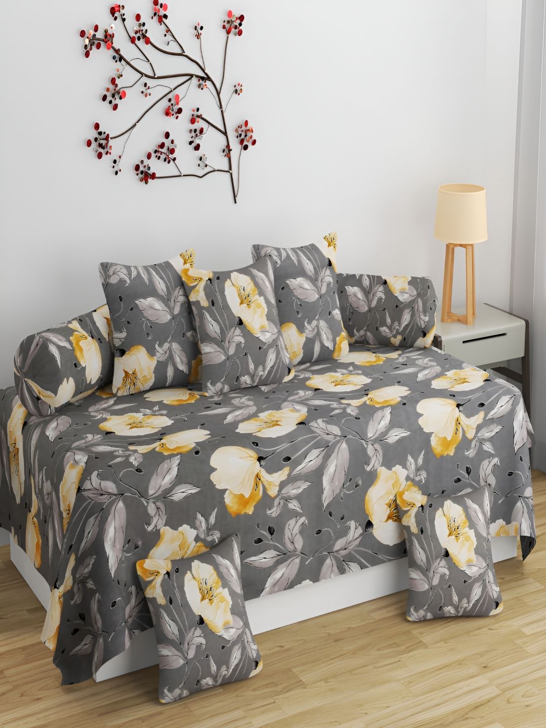 Aura Grey & Beige 8 Pieces Floral Printed 160 TC Diwan Set-picture-44