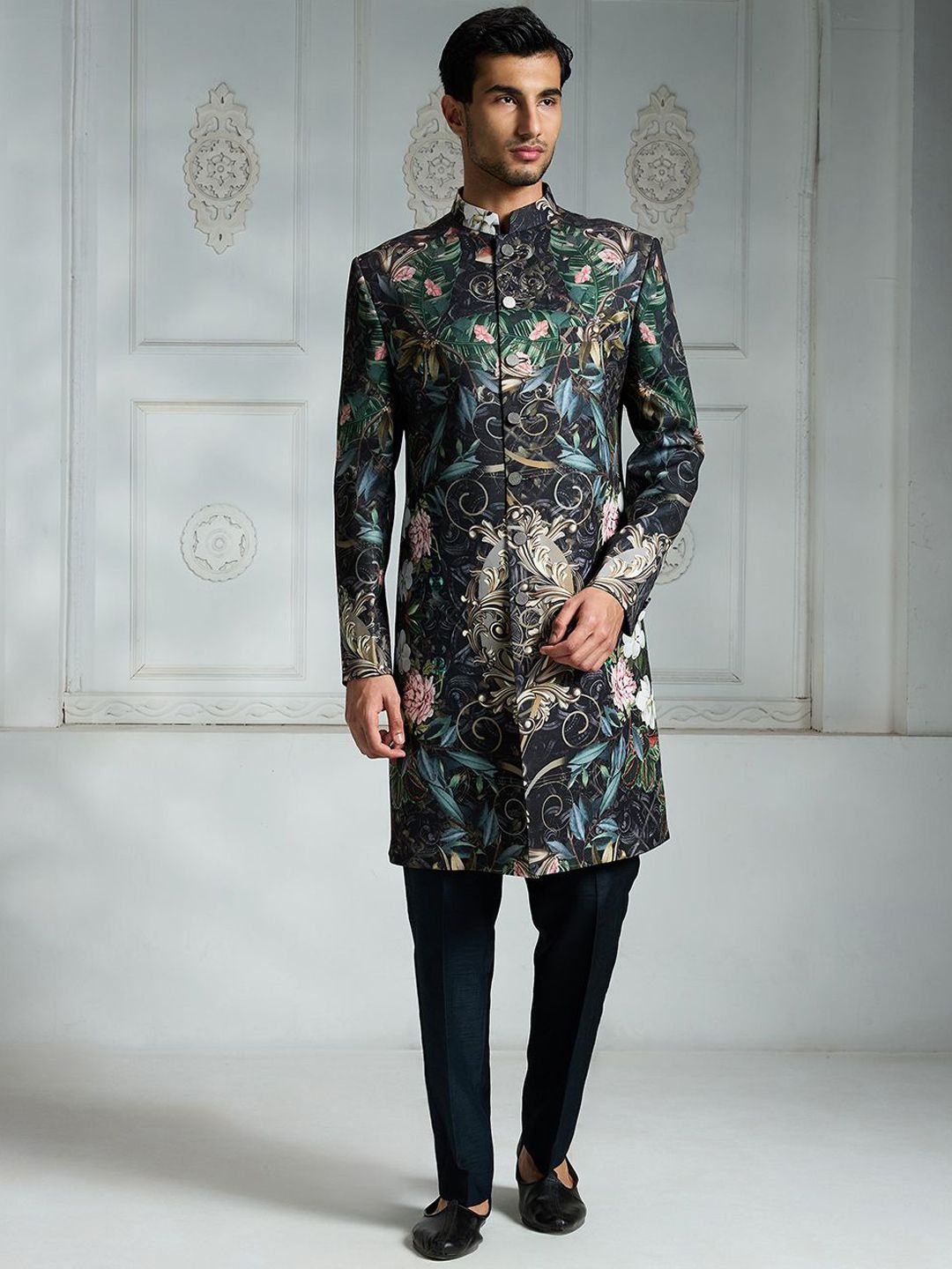 Rivaar By Rocky Star Floral Printed Sherwani Set-image-7