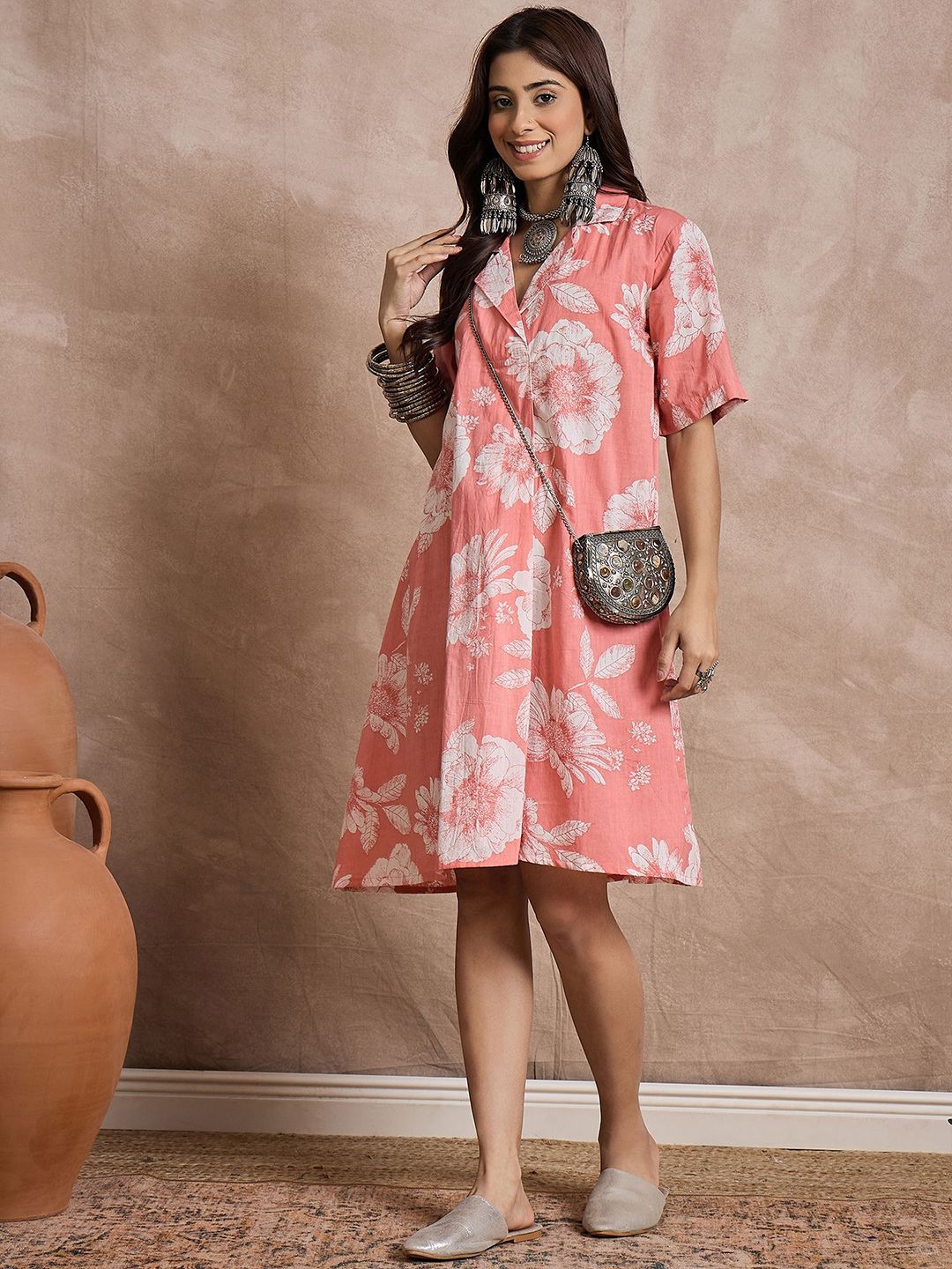 Floral Printed Shirt Collar Short Sleeves Shirt Dress Rust