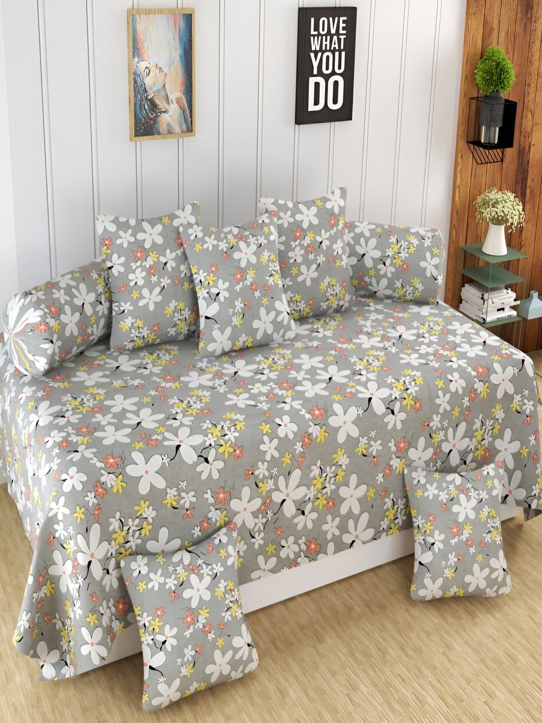 Aura Grey & White 8 Pieces Floral Printed 160 TC Diwan Set-picture-35