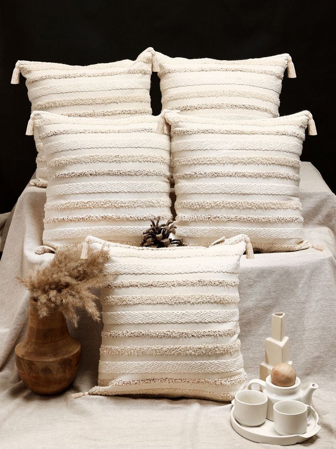 ANWYN Modern Indie Beige 5 Pieces Self Design Cotton Square Cushion Covers-image-37