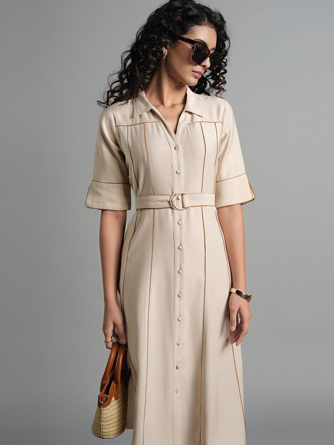 Striped Shirt Dress With Belt Fashion Half-sleeved Lapel Button Cardigan Dresses Women's Clothing