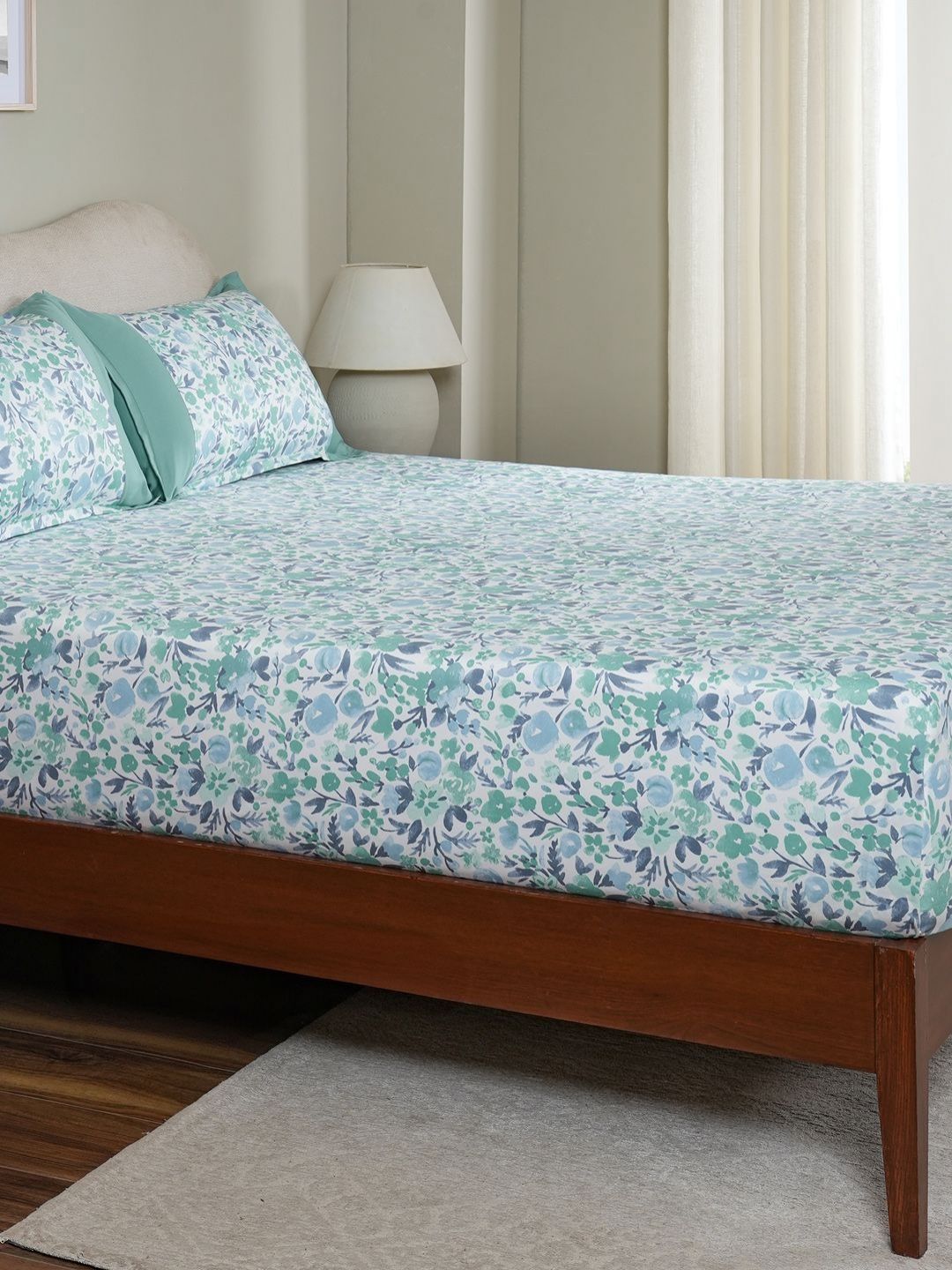 MASPAR Blue Floral Printed Pure Cotton 200 TC Fitted King Bedsheet Set 2.75 x 2.75 m-picture-17
