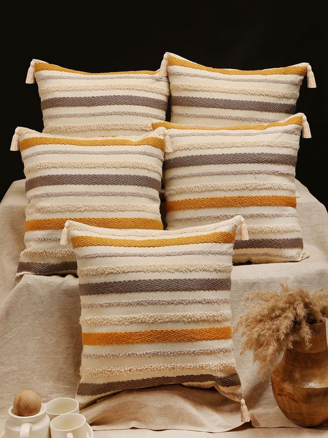 ANWYN Modern Indie White & Grey 5 Pieces Self Design Cotton Square Cushion Covers-image-15
