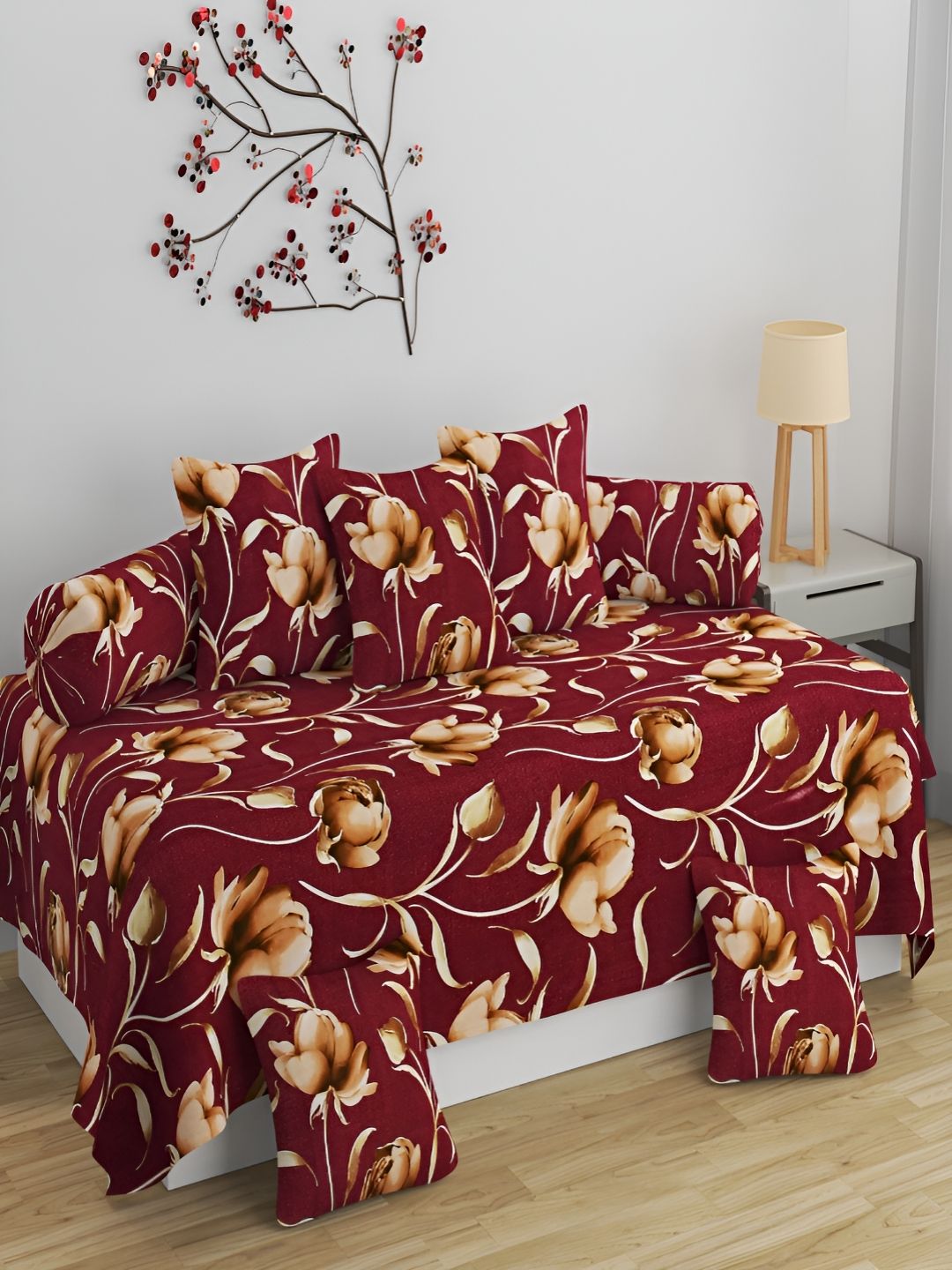 Aura Maroon & Beige 8 Pieces Floral Printed 160 TC Diwan Set-picture-16