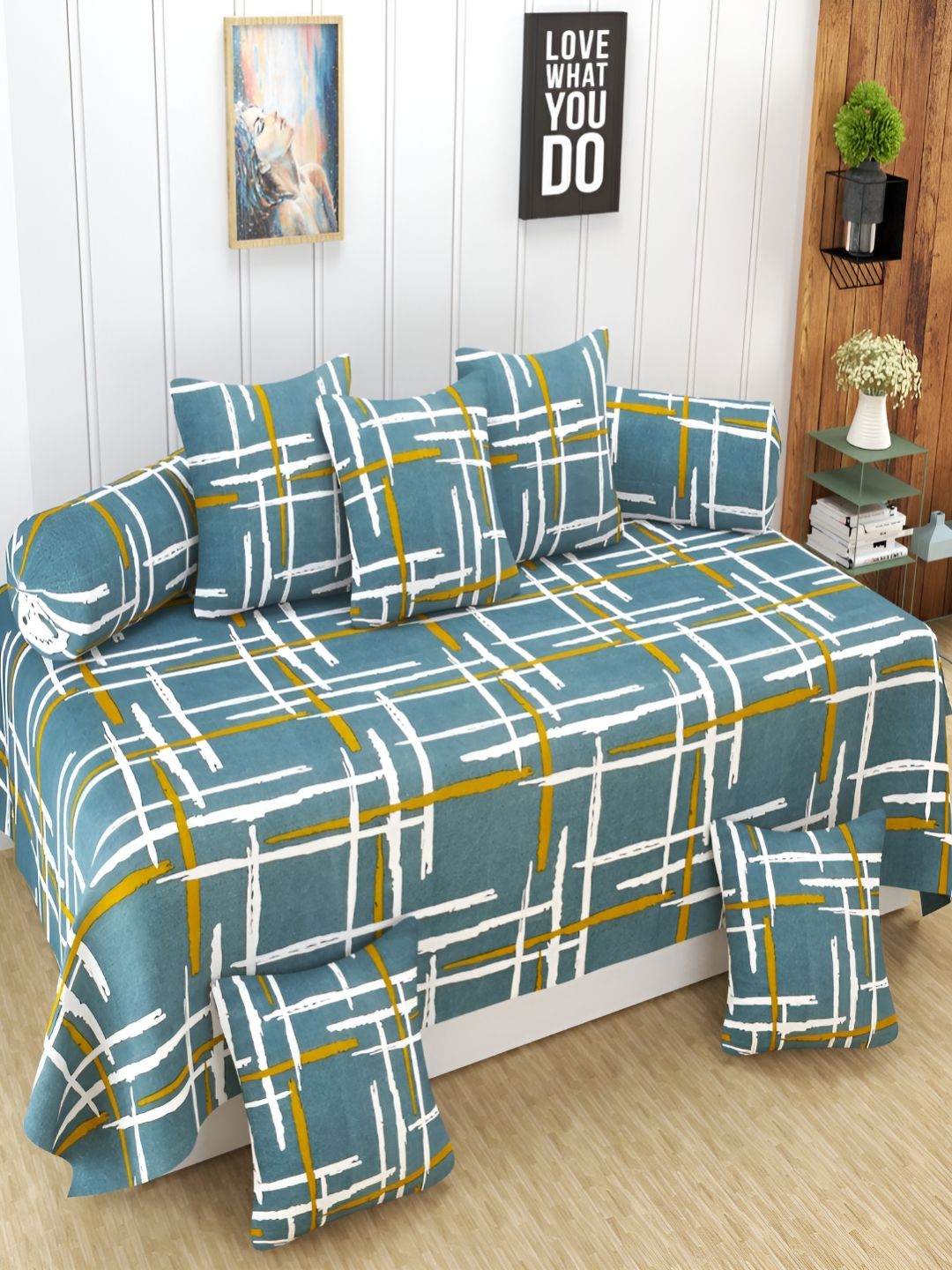 Aura Green & White 8 Pieces Geometric Printed 160 TC Diwan Set-image-32