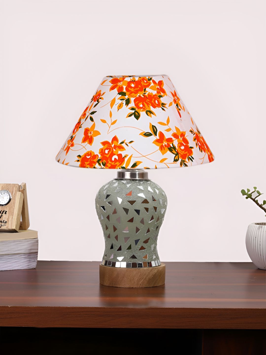Aura White & Orange Floral Printed Frustum Shaped Wooden Table Lamp-picture-13