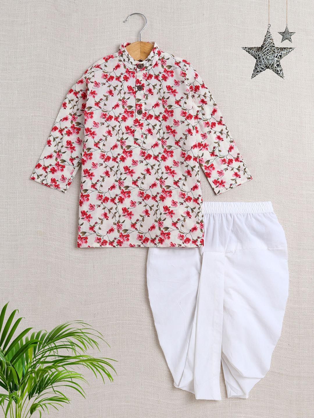 The Magic Wand Boys Floral Printed Band Collar Pure Cotton Straight Kurta With Dhoti Pants-picture-36
