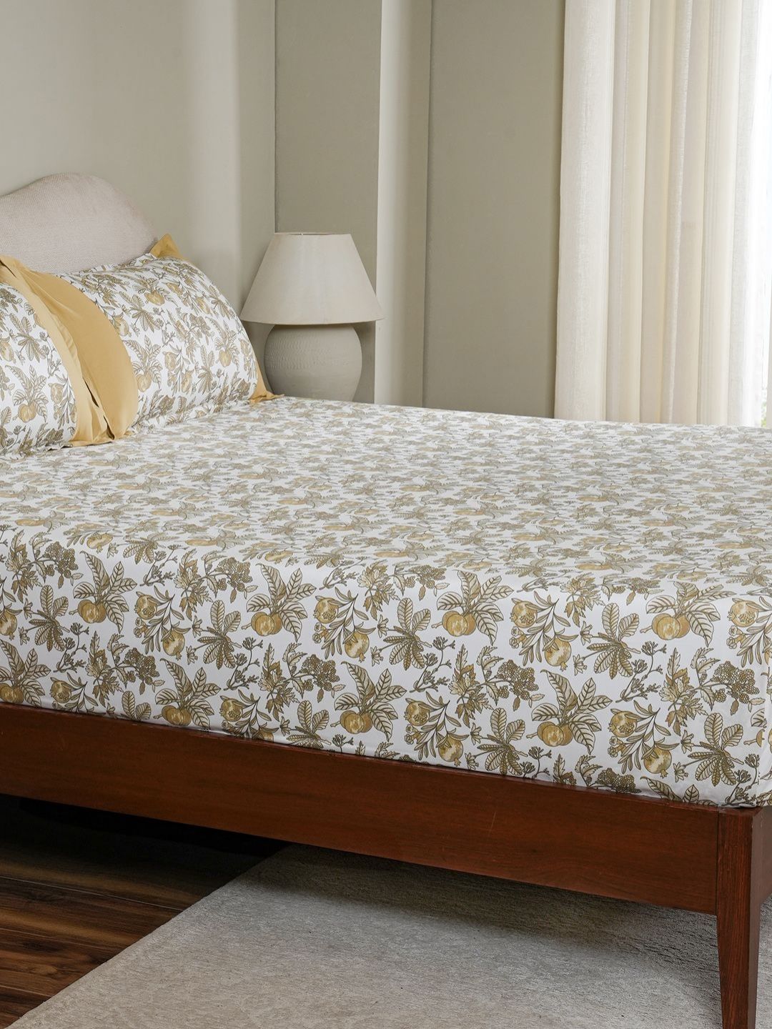 MASPAR Mustard Floral Printed Pure Cotton 200 TC Fitted Queen Bedsheet Set 2.75 x 2.24 m-picture-20