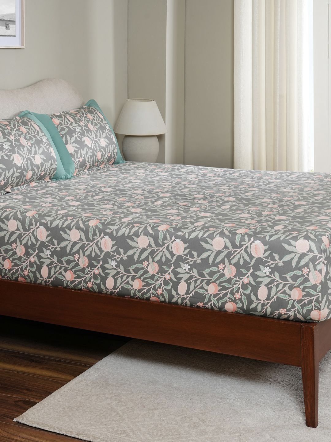 MASPAR Green Floral Printed Pure Cotton 200 TC Fitted Queen Bedsheet Set 2.75 x 2.24 m-picture-40