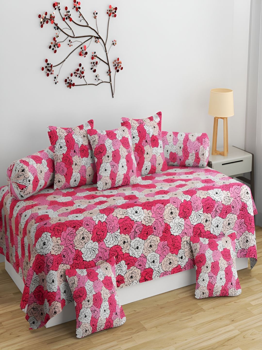 Aura Pink & White 8 Pieces Floral Printed 160 TC Diwan Set-picture-56