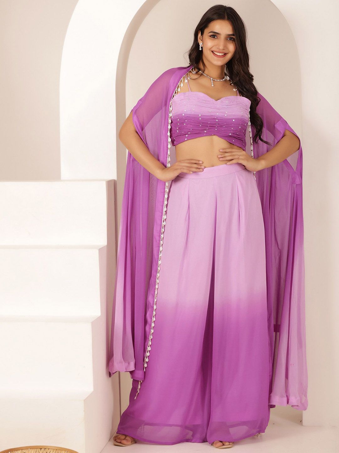 DEASHA INDIA Printed Shoulder Strap Neck Crop Top With Shrug & Trousers Co-Ords-picture-11