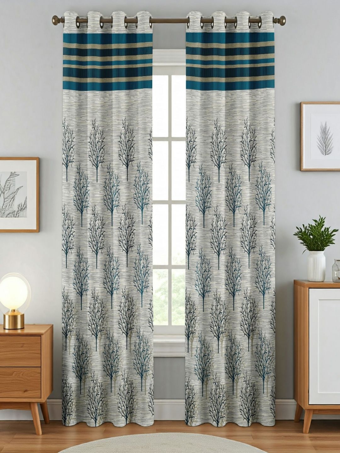 Aura Turquoise Blue Set of 2 Floral Room Darkening Long Door Curtain-image-23