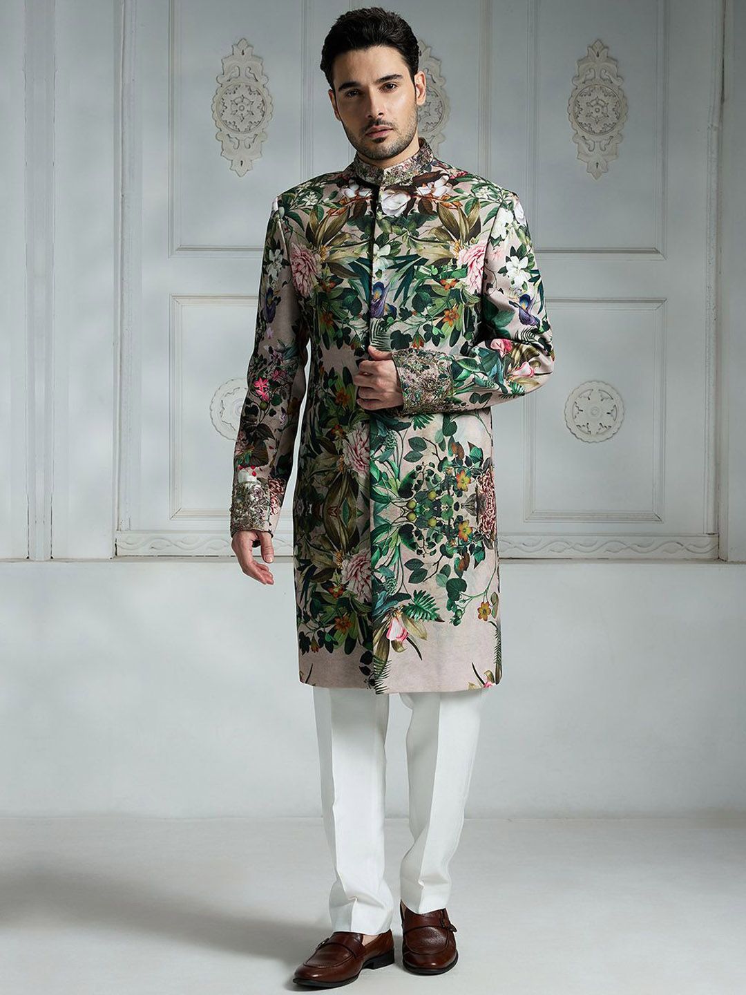 Rivaar By Rocky Star Floral Printed Sherwani Set-image-11
