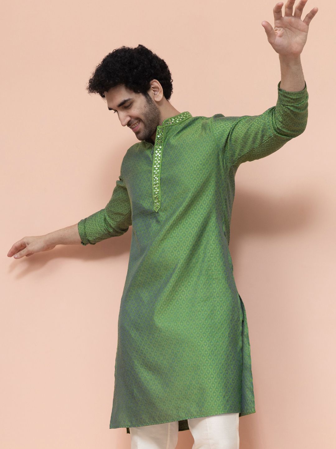 KISAH Men Ethnic Motifs Embroidered Mirror Work Cotton Straight Kurta-picture-11