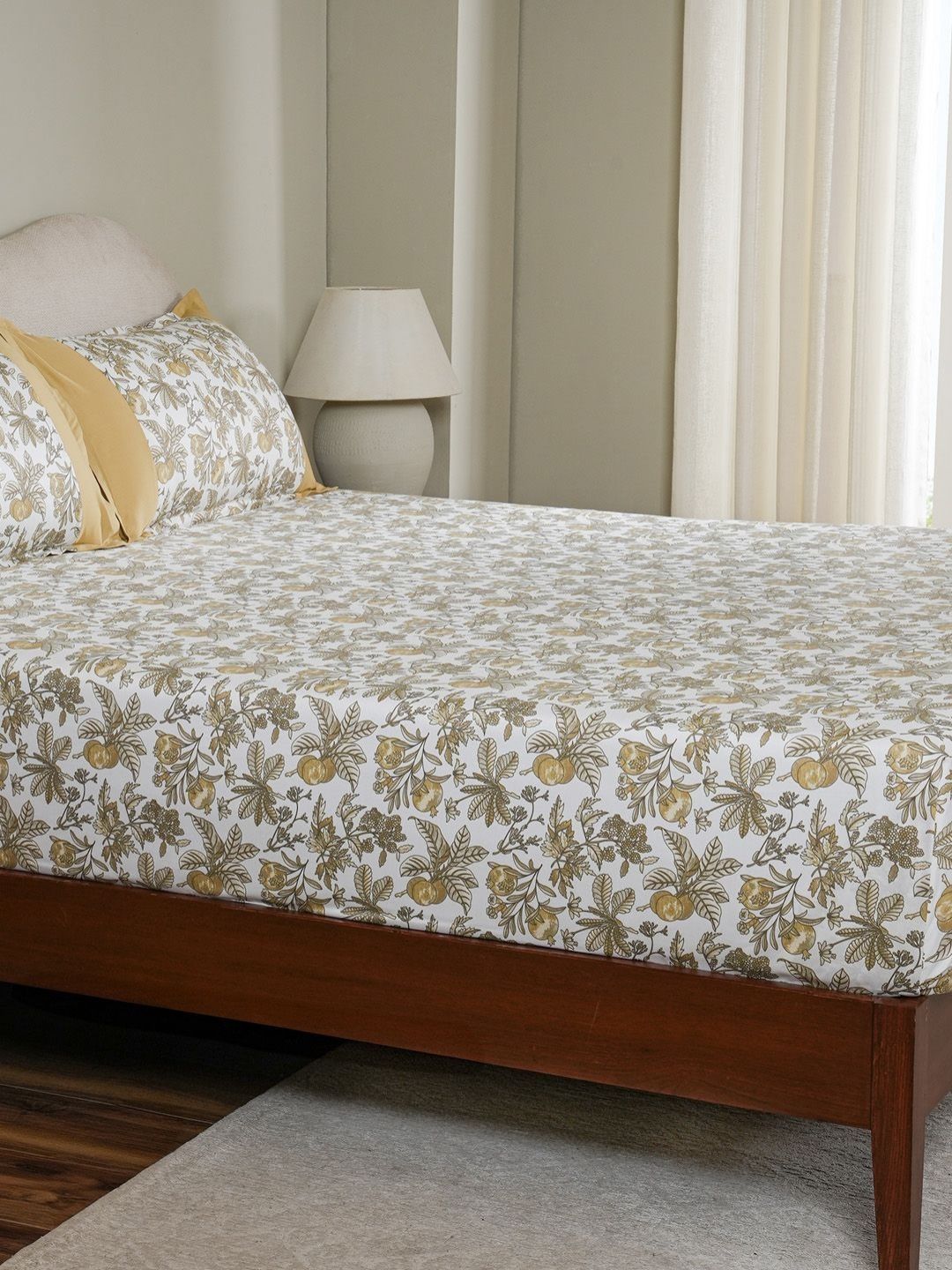 MASPAR White & Yellow Floral Printed Cotton 200 TC King Bedsheet Set 2.75 x 2.75 m-picture-22