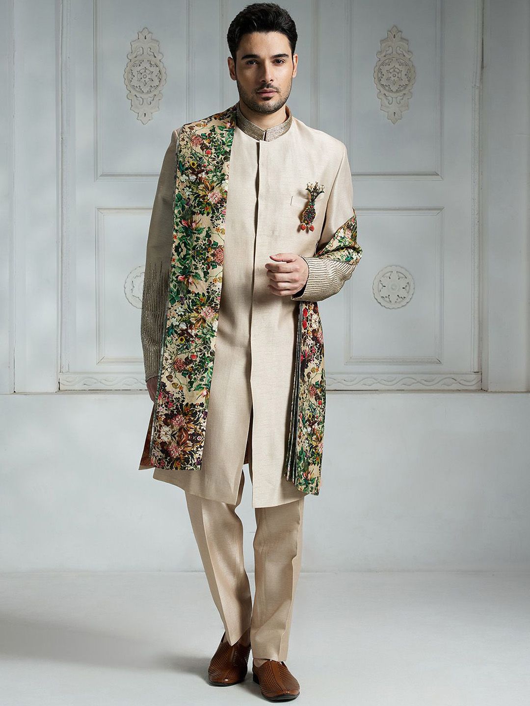 Rivaar By Rocky Star Floral Printed Sherwani Set-image-17