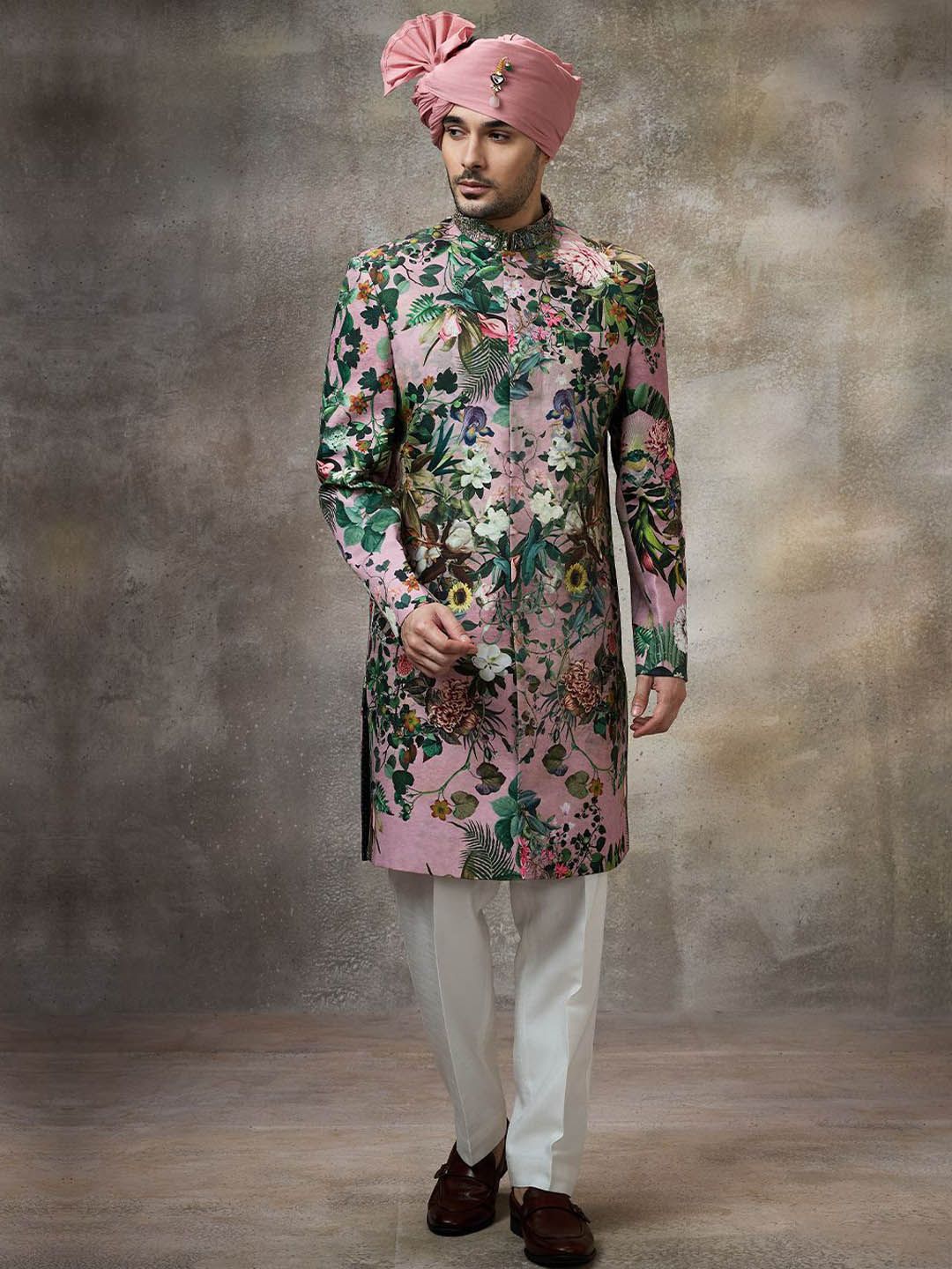 Rivaar By Rocky Star Floral Printed Sherwani Set-image-12