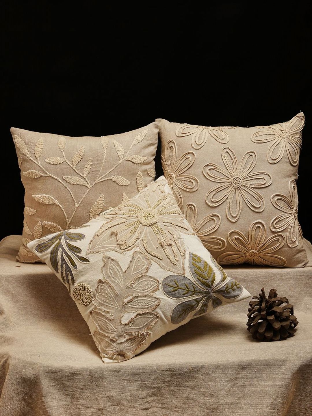 ANWYN Modern Indie Beige & Brown 3 Pieces Embroidered Cotton Square Cushion Covers-picture-21