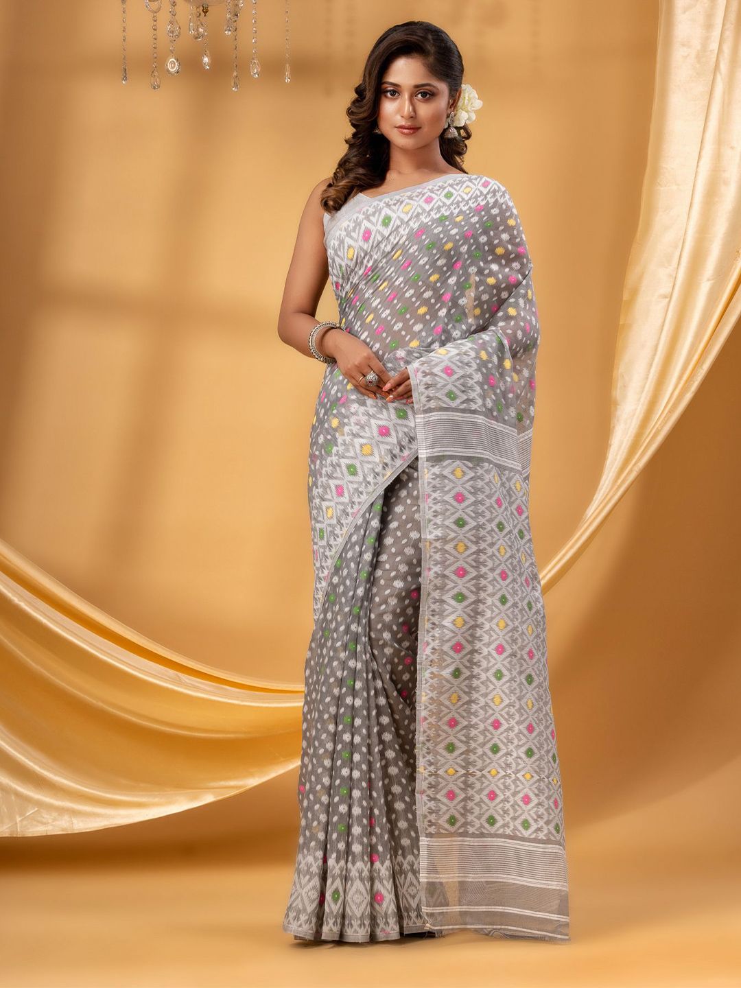 DESH BIDESH Geometric Woven Design Pure Cotton Jamdani Saree-picture-42