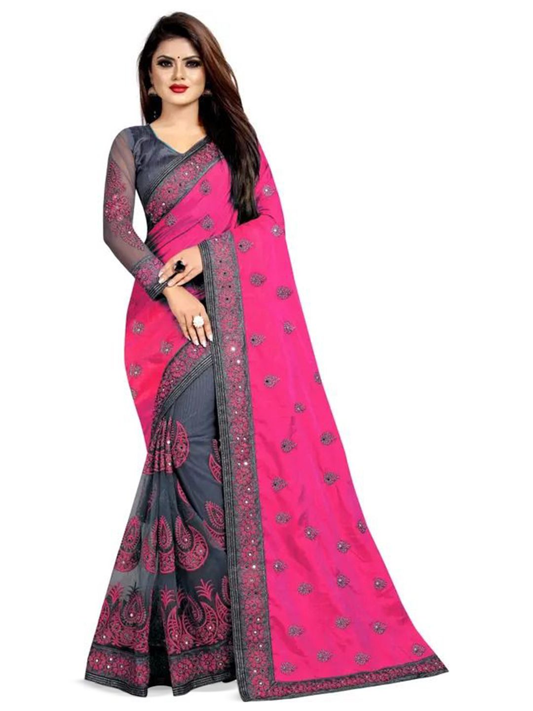 Moda Rapido Embellished Embroidered Mirror Work Net Half and Half Saree-picture-22