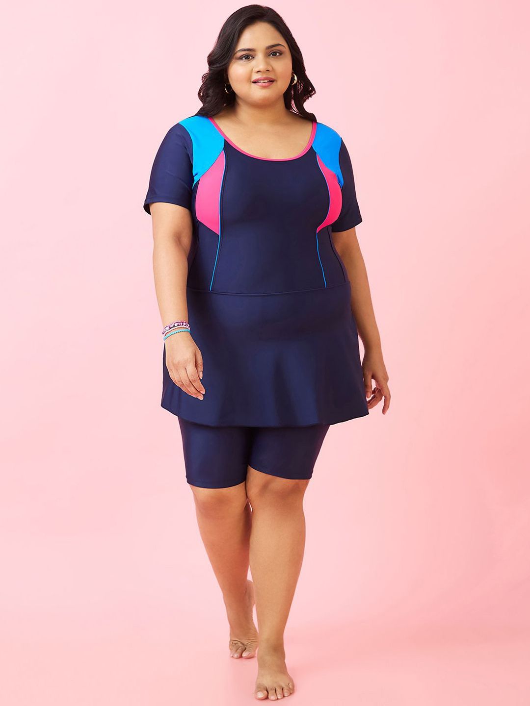 LYCOT Women Plus Size Colourblocked Round Neck Swimming Dress-picture-24