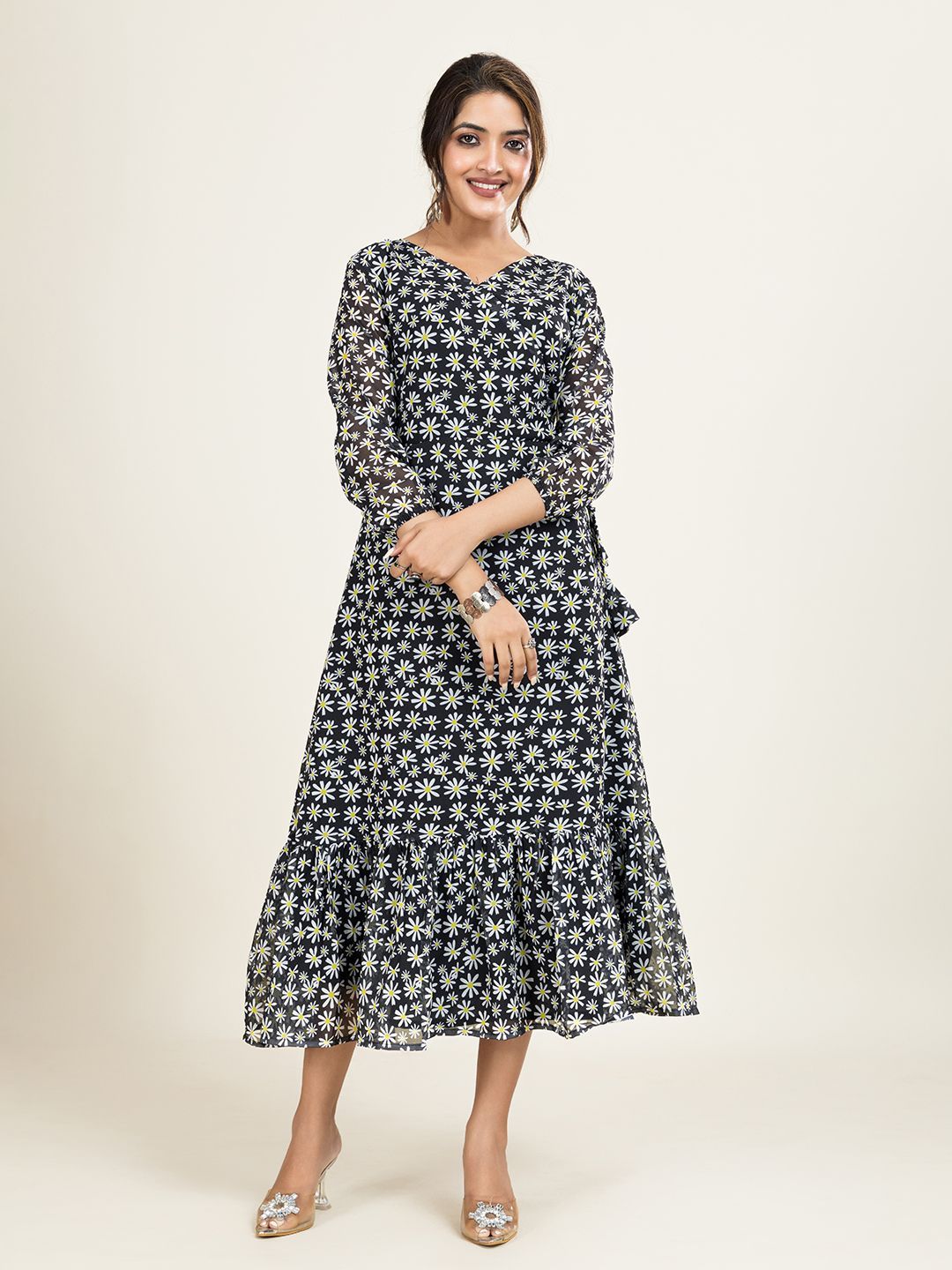 DressBerry Women Floral Print Belted Flounce Georgette A-Line Midi Dress-picture-18