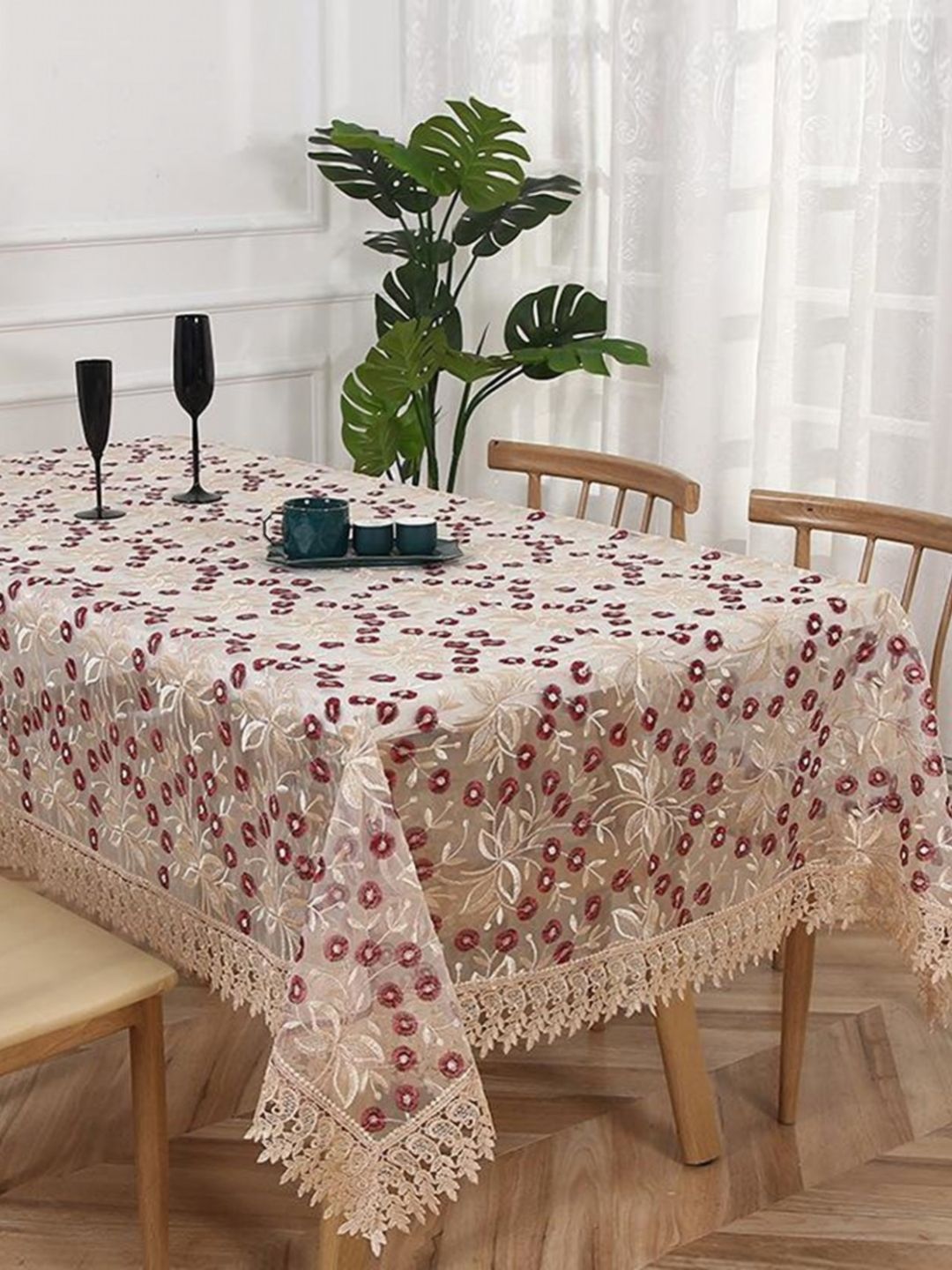 TANLOOMS Beige Floral Embroidered 6 Seater Rectangle Table Cover