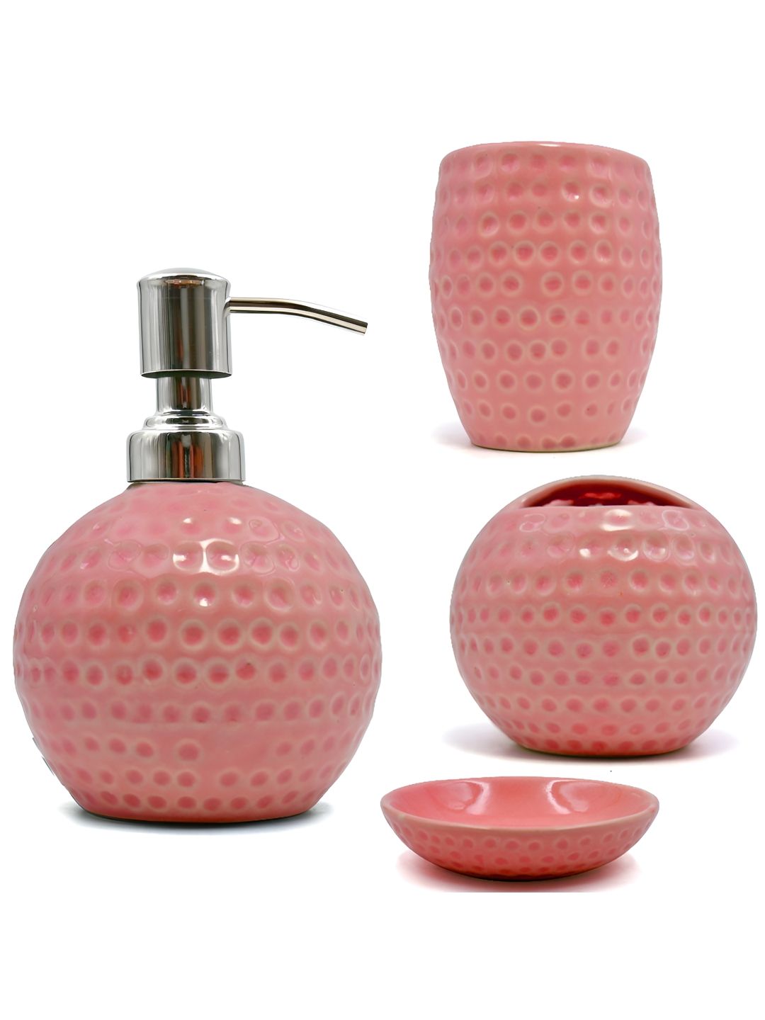 Amoorcart Pink 4 piece Textured Ceramic Bath Accessories Set-image-37
