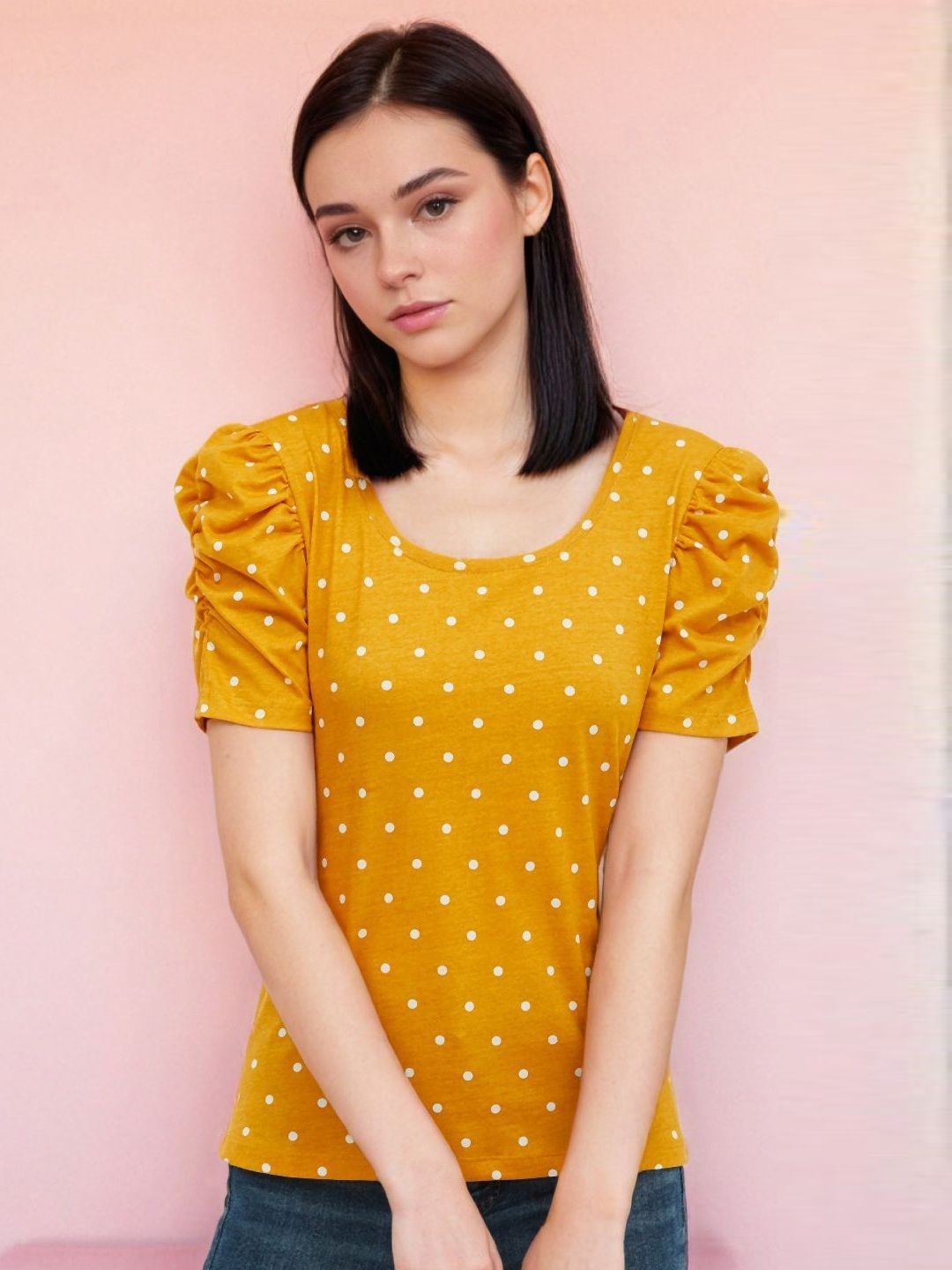 Stylecast X Slyck Women Polka Dot Printed Scoop Neck Puff Sleeves Cotton Top-image-26