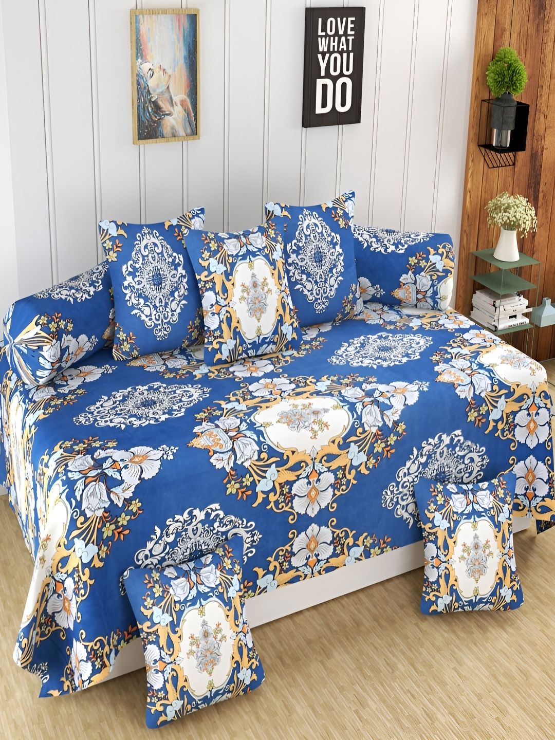 Aura Blue & White 8 Pieces Ethnic Motifs Printed 160 TC Diwan Set-picture-10