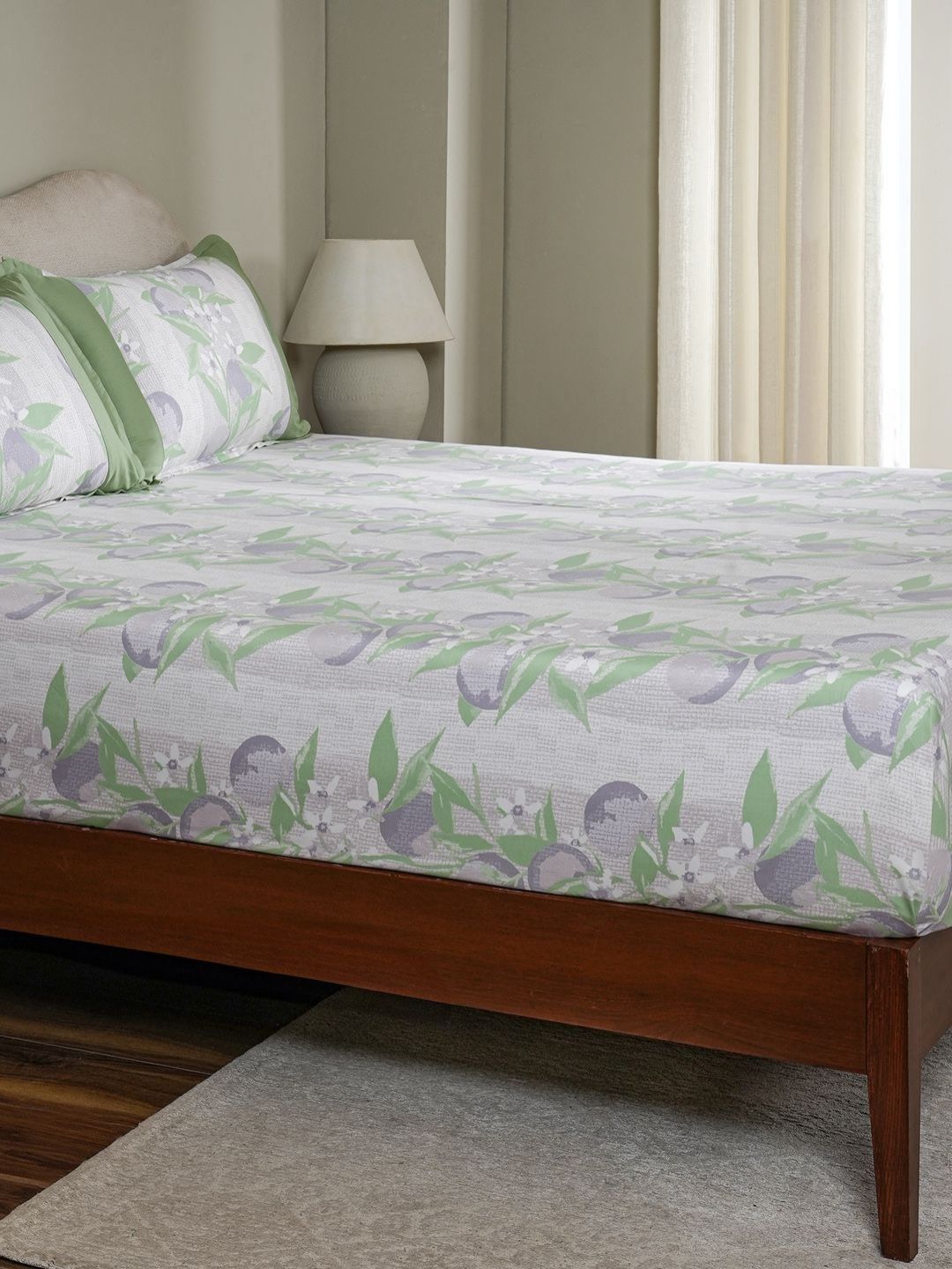 MASPAR Green Floral Printed Pure Cotton 200 TC Fitted Queen Bedsheet Set 2.75 x 2.24 m-picture-31