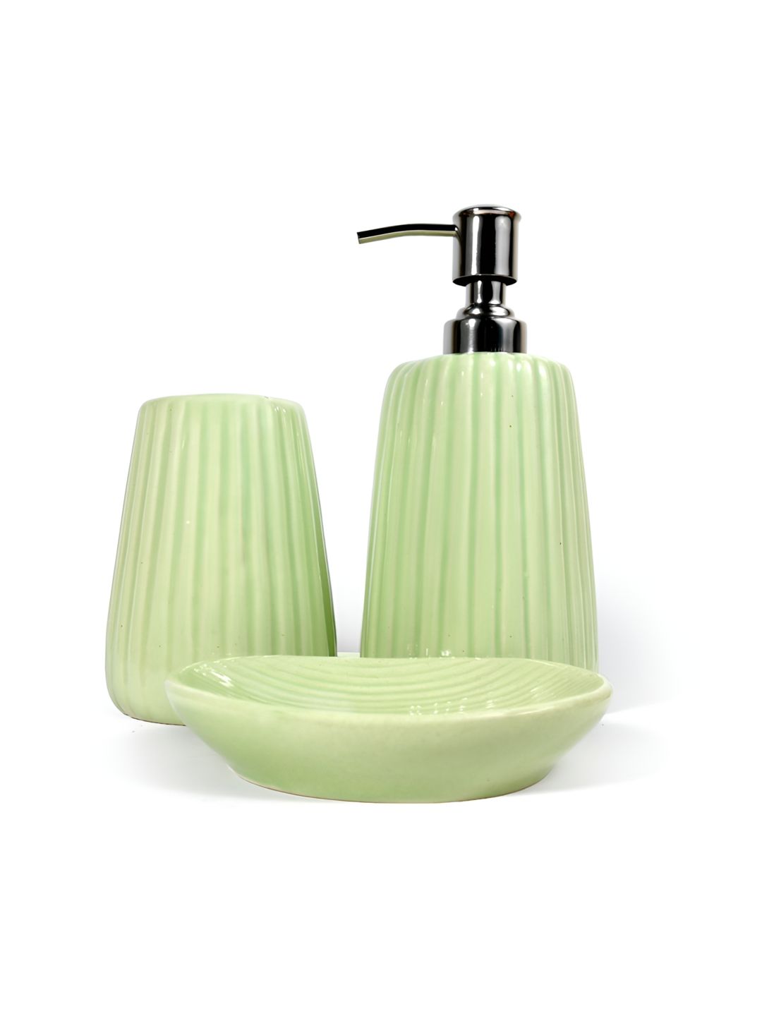 Amoorcart Green 3 piece Geometric Ceramic Bath Accessories Set-image-49
