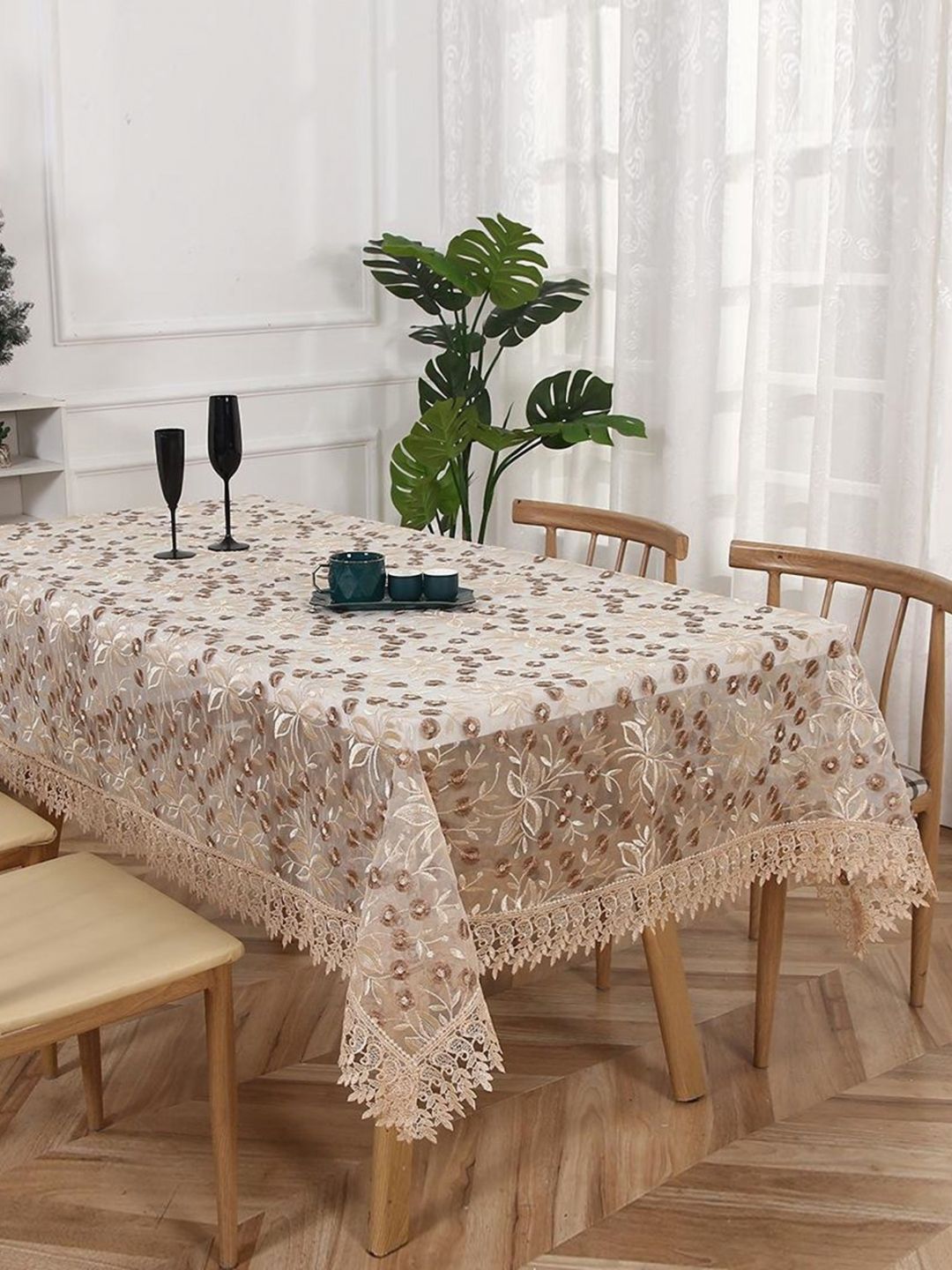 TANLOOMS Beige Floral Embroidered 6 Seater Rectangle Table Cover